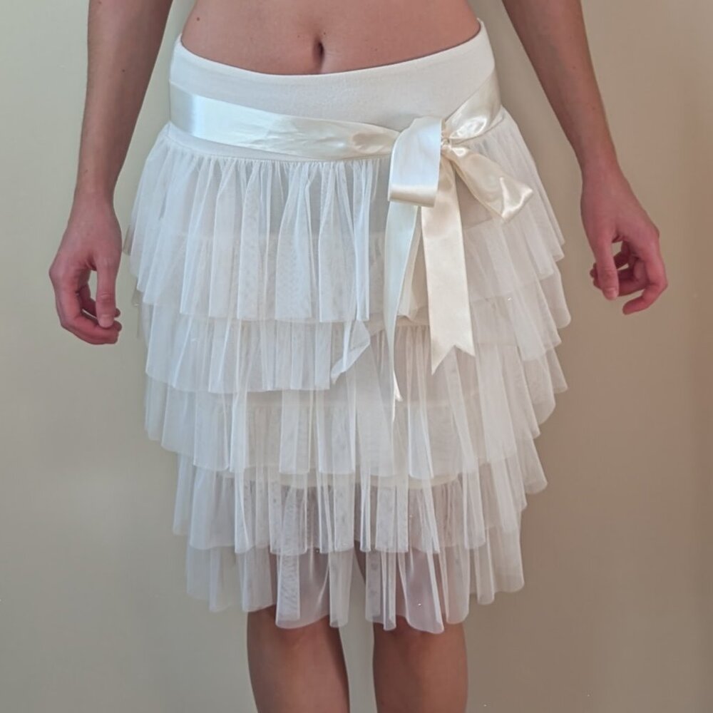 Ivory Layered Tulle Skirt with a Ribbon - Cocktail Skirt - Size M, Made in Italy